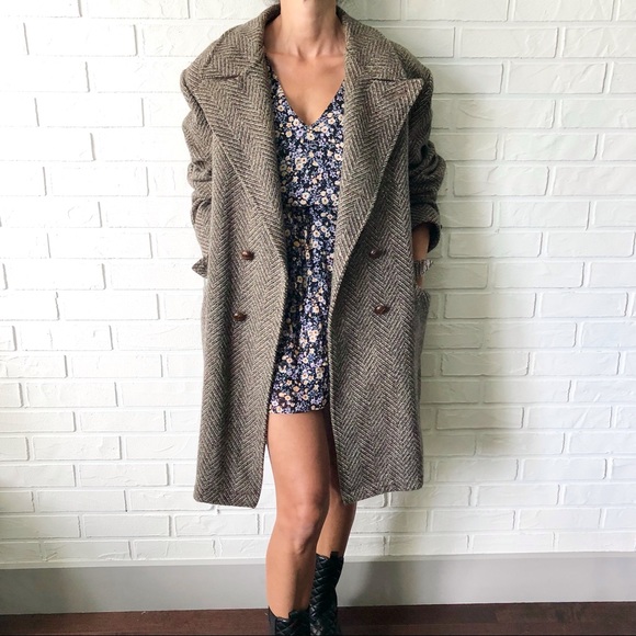 Vintage Jackets & Blazers - Vintage brown wool tweed herringbone oversize lined coat XL